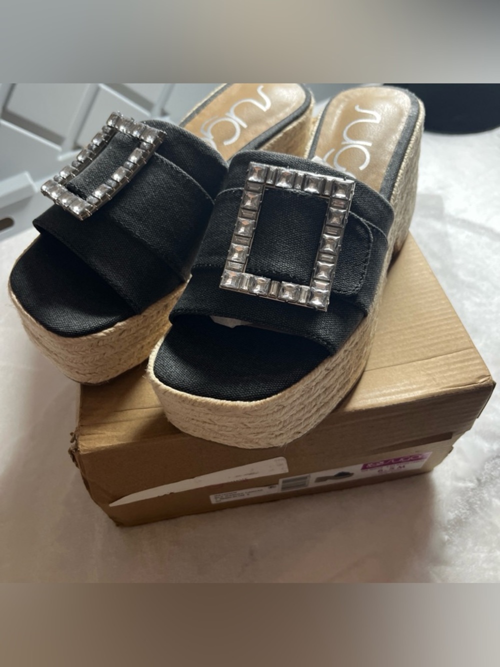 Women's Remote Embellished Buckle Espadrille  Sugar 6.5 M Black Washed Canvas